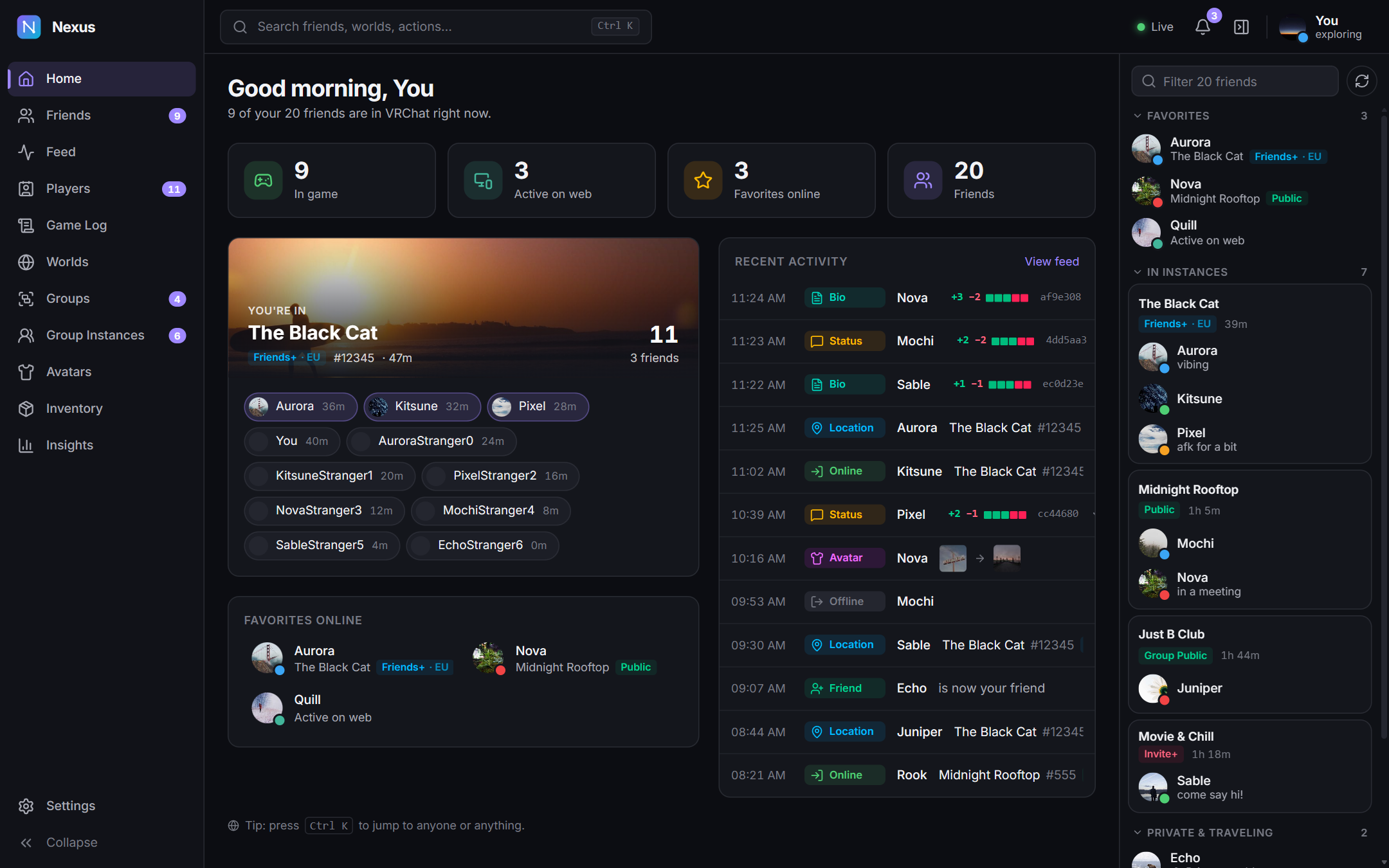 Nexus home screen showing friends online, the current VRChat instance and recent activity